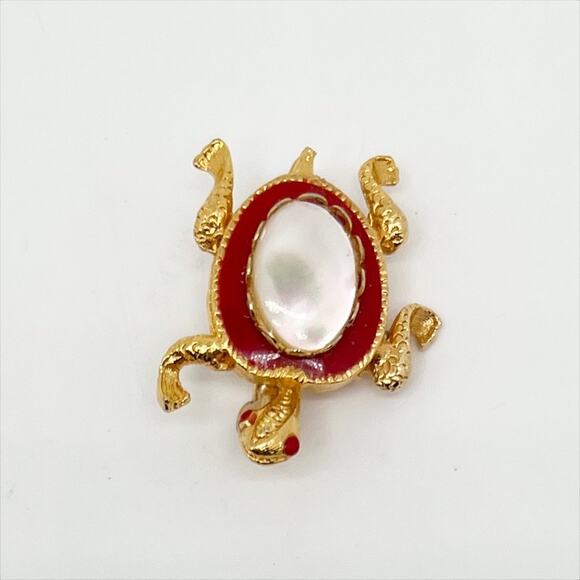 Vintage Gold Tone, Red and White Turtle Brooch Pin - Picture 2 of 4